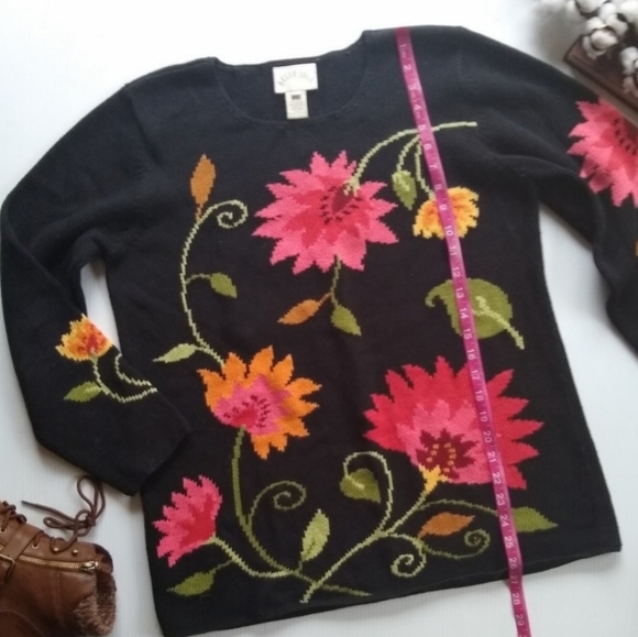 VINTAGE Belle Isle large floral black ramie & cotton chunky knitted sweater - Picture 10 of 13